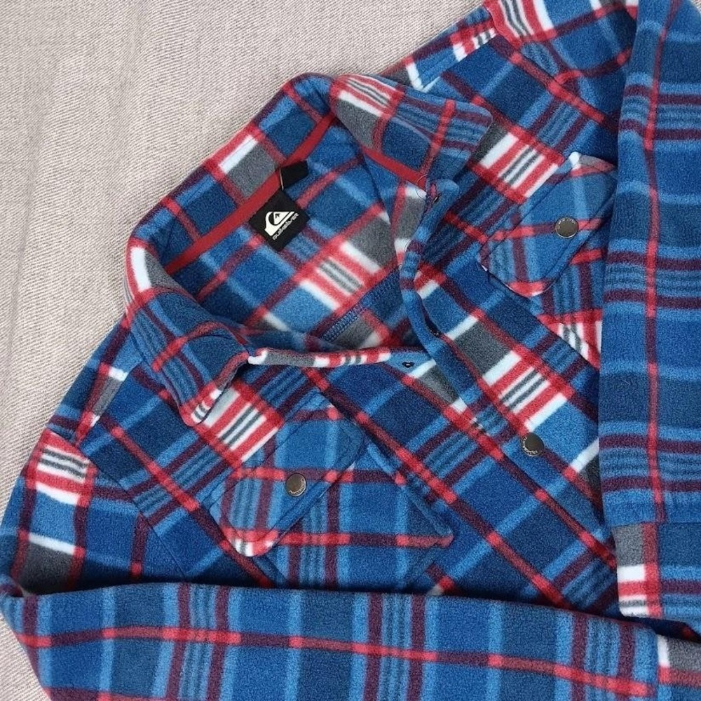 Quiksilver Shirt Boys Large Blue Red Plaid Fleece Button Up Flannel Jacket Youth